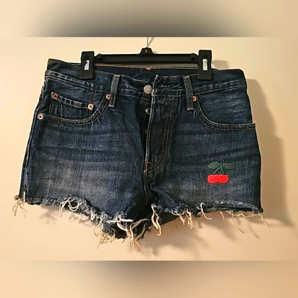 Levi's 501 Original fit high rise Denim Shorts with Cherry Embroidery, 26 Waist